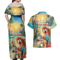Hawaii Parrot Couples Matching Off Shoulder Maxi Dress and Hawaiian Shirt Im Not Waiting Till 5 Oclock LT05 - Polynesian Pride