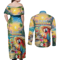 Hawaii Parrot Couples Matching Off Shoulder Maxi Dress and Long Sleeve Button Shirt Im Not Waiting Till 5 Oclock - Polynesian Pride