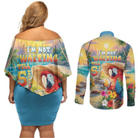 Hawaii Parrot Couples Matching Off Shoulder Short Dress and Long Sleeve Button Shirt Im Not Waiting Till 5 Oclock