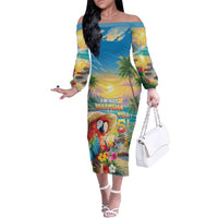Hawaii Parrot Family Matching Off The Shoulder Long Sleeve Dress and Hawaiian Shirt Im Not Waiting Till 5 Oclock
