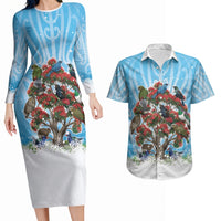 New Zealand Birds Christmas Couples Matching Long Sleeve Bodycon Dress and Hawaiian Shirt Pohutukawa Xmas Tree
