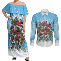 New Zealand Birds Christmas Couples Matching Off Shoulder Maxi Dress and Long Sleeve Button Shirt Pohutukawa Xmas Tree