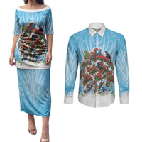 New Zealand Birds Christmas Couples Matching Puletasi and Long Sleeve Button Shirt Pohutukawa Xmas Tree