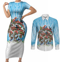 New Zealand Birds Christmas Couples Matching Short Sleeve Bodycon Dress and Long Sleeve Button Shirt Pohutukawa Xmas Tree