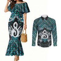 New Zealand Maori Couples Matching Mermaid Dress and Long Sleeve Button Shirt Poutama Pikorua - Single Twist Paua Shell