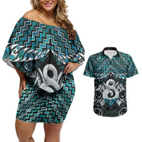 New Zealand Maori Couples Matching Off Shoulder Short Dress and Hawaiian Shirt Poutama Pikorua - Single Twist Paua Shell