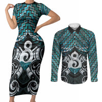 New Zealand Maori Couples Matching Short Sleeve Bodycon Dress and Long Sleeve Button Shirt Poutama Pikorua - Single Twist Paua Shell