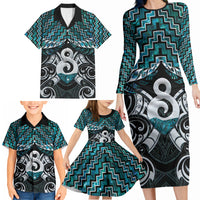New Zealand Maori Family Matching Long Sleeve Bodycon Dress and Hawaiian Shirt Poutama Pikorua - Single Twist Paua Shell