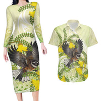 New Zealand Piwakawaka Fantail Bird Couples Matching Long Sleeve Bodycon Dress and Hawaiian Shirt With Kowhai Flowers LT05 Green - Polynesian Pride