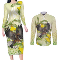 New Zealand Piwakawaka Fantail Bird Couples Matching Long Sleeve Bodycon Dress and Long Sleeve Button Shirt With Kowhai Flowers LT05 Green - Polynesian Pride