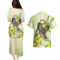 New Zealand Piwakawaka Fantail Bird Couples Matching Puletasi and Hawaiian Shirt With Kowhai Flowers LT05 - Polynesian Pride