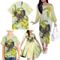 New Zealand Piwakawaka Fantail Bird Family Matching Off The Shoulder Long Sleeve Dress and Hawaiian Shirt With Kowhai Flowers