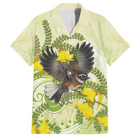 New Zealand Piwakawaka Fantail Bird Family Matching Off Shoulder Short Dress and Hawaiian Shirt With Kowhai Flowers LT05 Dad's Shirt - Short Sleeve Green - Polynesian Pride