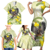 New Zealand Piwakawaka Fantail Bird Family Matching Short Sleeve Bodycon Dress and Hawaiian Shirt With Kowhai Flowers LT05 - Polynesian Pride