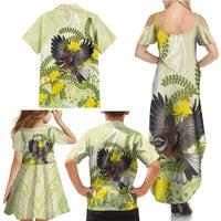 New Zealand Piwakawaka Fantail Bird Family Matching Summer Maxi Dress and Hawaiian Shirt With Kowhai Flowers LT05 - Polynesian Pride
