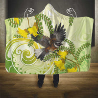 New Zealand Piwakawaka Fantail Bird Hooded Blanket With Kowhai Flowers