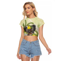 New Zealand Piwakawaka Fantail Bird Raglan Cropped T Shirt With Kowhai Flowers LT05 Female Green - Polynesian Pride