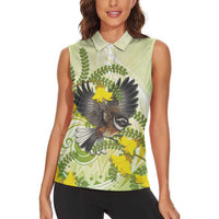 New Zealand Piwakawaka Fantail Bird Women Sleeveless Polo Shirt With Kowhai Flowers LT05 - Polynesian Pride