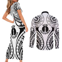 New Caledonia Day Couples Matching Short Sleeve Bodycon Dress and Long Sleeve Button Shirt Polynesian Curves White Color - Polynesian Pride