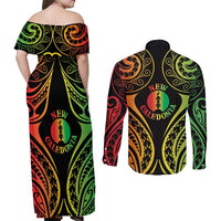 New Caledonia Day Couples Matching Off Shoulder Maxi Dress and Long Sleeve Button Shirt Polynesian Curves Reggae Color - Polynesian Pride