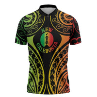 New Caledonia Day Zipper Polo Shirt Polynesian Curves Reggae Color - Polynesian Pride