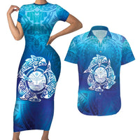 Marshall Islands Manit Day Couples Matching Short Sleeve Bodycon Dress and Hawaiian Shirt Tribal Dolphin With Marshall Seal - Polynesian Pride