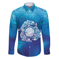 Marshall Islands Manit Day Family Matching Off Shoulder Short Dress and Hawaiian Shirt Tribal Dolphin With Marshall Seal - Polynesian Pride