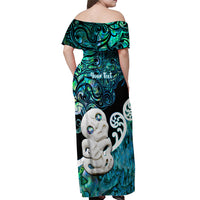 Personalized Aotearoa New Zealand Off Shoulder Maxi Dress Paua Shell Fern Koru With Maori Hei Tiki LT05 - Polynesian Pride