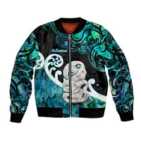 Personalized Aotearoa New Zealand Sleeve Zip Bomber Jacket Paua Shell Fern Koru With Maori Hei Tiki LT05 Unisex Green - Polynesian Pride