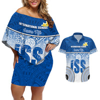 Personalized International School Suva Couples Matching Off Shoulder Short Dress and Hawaiian Shirt With Fijian Tapa Pattern LT05 Blue - Polynesian Pride