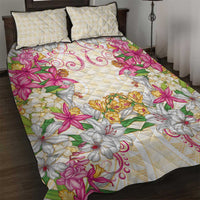 Hawaii Palaka Quilt Bed Set Yellow Tribal Pattern With Tropical Flowers - Polynesian Pride