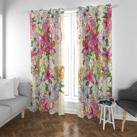 Hawaii Palaka Window Curtain Yellow Tribal Pattern With Tropical Flowers - Polynesian Pride