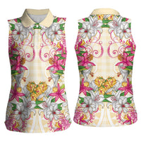 Hawaii Palaka Women Sleeveless Polo Shirt Yellow Tribal Pattern With Tropical Flowers LT05 - Polynesian Pride