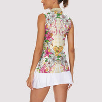 Hawaii Palaka Women Sleeveless Polo Shirt Yellow Tribal Pattern With Tropical Flowers LT05 - Polynesian Pride