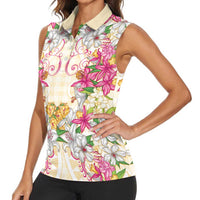 Hawaii Palaka Women Sleeveless Polo Shirt Yellow Tribal Pattern With Tropical Flowers LT05 - Polynesian Pride