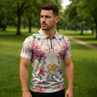 Hawaii Palaka Zipper Polo Shirt Yellow Tribal Pattern With Tropical Flowers - Polynesian Pride