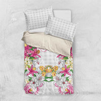 Hawaii Palaka Bedding Set White Tribal Pattern With Tropical Flowers - Polynesian Pride