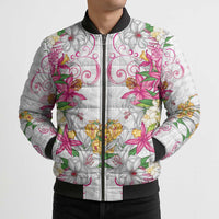 Hawaii Palaka Bomber Puffer Jacket White Tribal Pattern With Tropical Flowers LT05 - Polynesian Pride