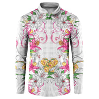 Hawaii Palaka Button Sweatshirt White Tribal Pattern With Tropical Flowers LT05 White - Polynesian Pride