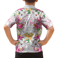 Hawaii Palaka Family Matching Off Shoulder Maxi Dress and Hawaiian Shirt White Tribal Pattern With Tropical Flowers LT05 - Polynesian Pride