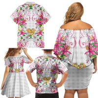 Hawaii Palaka Family Matching Off Shoulder Short Dress and Hawaiian Shirt White Tribal Pattern With Tropical Flowers LT05 - Polynesian Pride