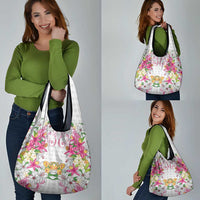 Hawaii Palaka Grocery Bag White Tribal Pattern With Tropical Flowers - Polynesian Pride