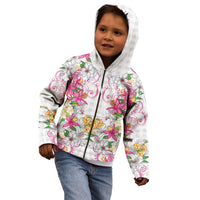 Hawaii Palaka Kid Hoodie White Tribal Pattern With Tropical Flowers - Polynesian Pride