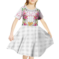 Hawaii Palaka Kid Short Sleeve Dress White Tribal Pattern With Tropical Flowers - Polynesian Pride