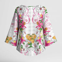 Hawaii Palaka Kimono Sleeve Blouse White Tribal Pattern With Tropical Flowers - Polynesian Pride