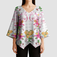 Hawaii Palaka Kimono Sleeve Blouse White Tribal Pattern With Tropical Flowers - Polynesian Pride
