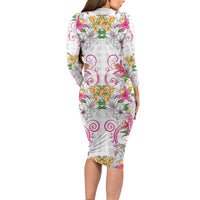 Hawaii Palaka Long Sleeve Bodycon Dress White Tribal Pattern With Tropical Flowers - Polynesian Pride