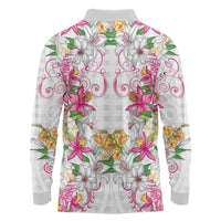 Hawaii Palaka Long Sleeve Polo Shirt White Tribal Pattern With Tropical Flowers - Polynesian Pride