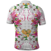 Hawaii Palaka Polo Shirt White Tribal Pattern With Tropical Flowers - Polynesian Pride