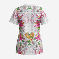 Hawaii Palaka Scrub Top White Tribal Pattern With Tropical Flowers - Polynesian Pride